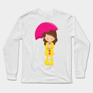 Girl In Raincoat, Girl With Umbrella, Brown Hair Long Sleeve T-Shirt